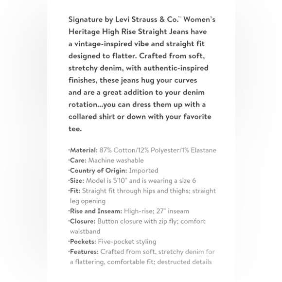 Signature by Levi Strauss Heritage High Rise Straight Jean.  Size 28/6. - Picture 13 of 14